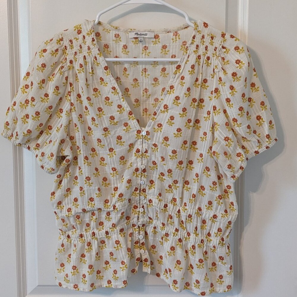 Madewell Off White Floral Short Sleeve Blouse - Size Large